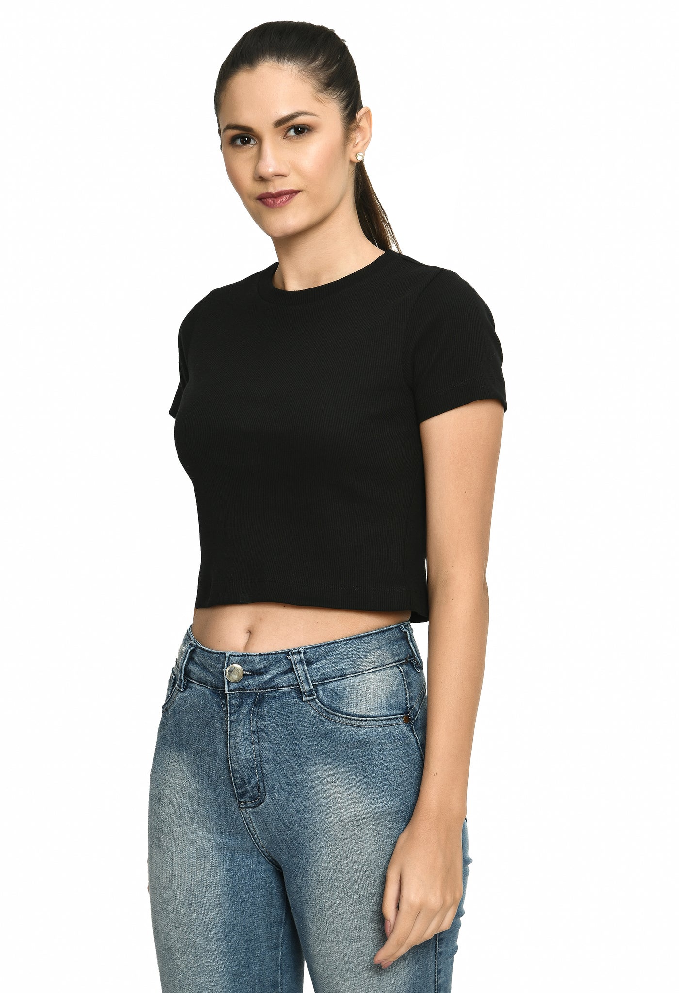 Ladies Rib Black Stretchable Crop Top