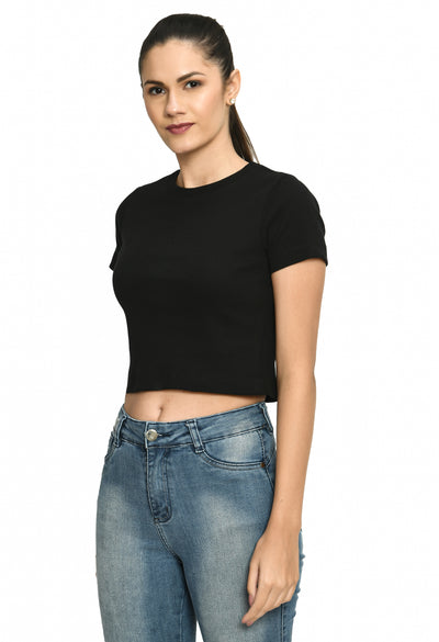 Ladies Rib Black Stretchable Crop Top